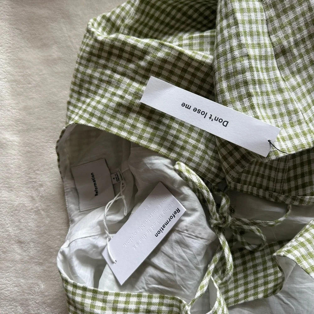 Reformation Amorette Linen Dress in Avocado Check - Picture 6 of 6